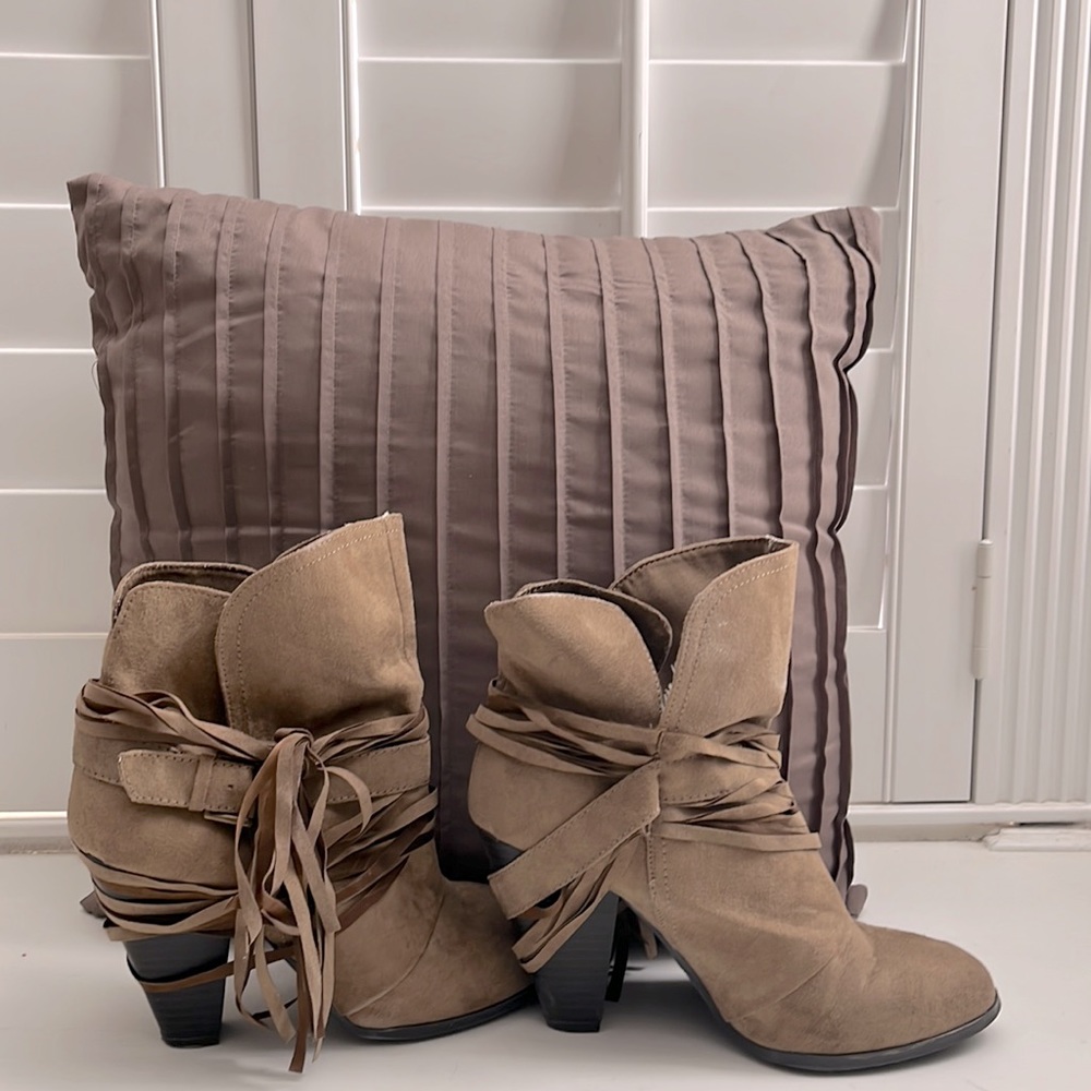 Taupe Suede Ankle Boots with Wrap-Around Ties - Women